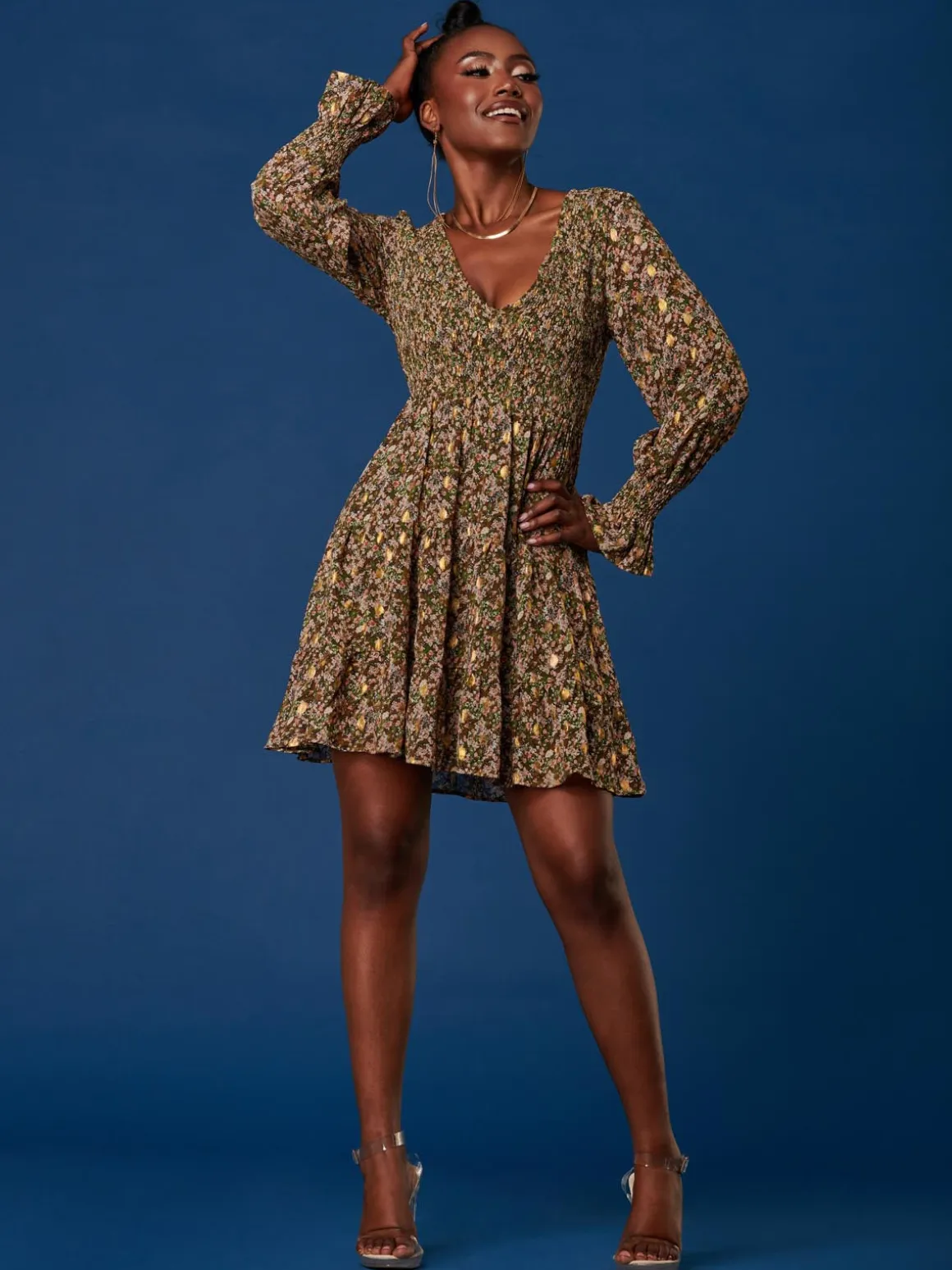 V Neck Shirred Detail Chiffon Dress, Green Floral