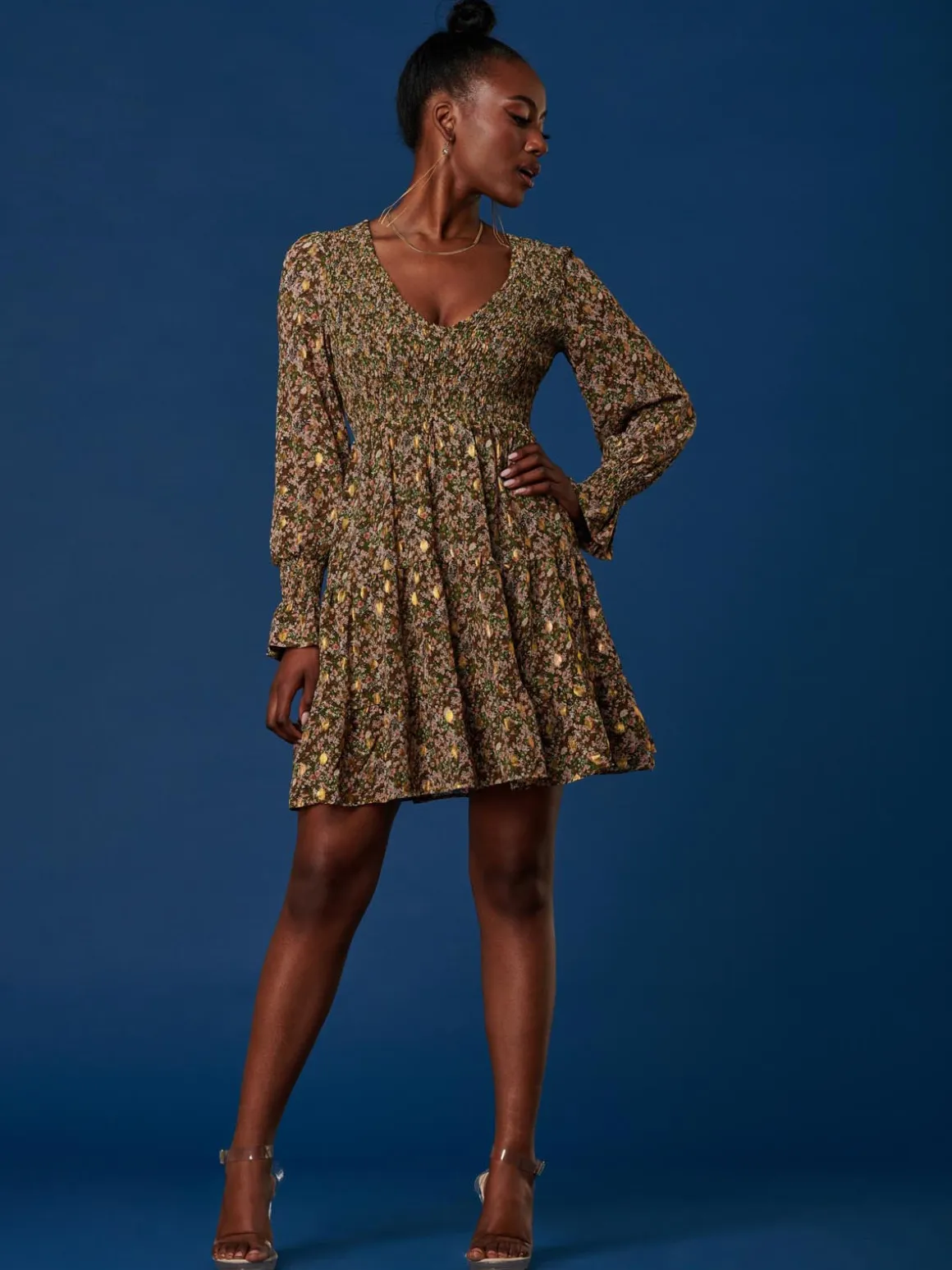 V Neck Shirred Detail Chiffon Dress, Green Floral