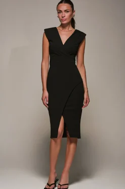 V-Neck Split Hem Bodycon Midi Dress, Black
