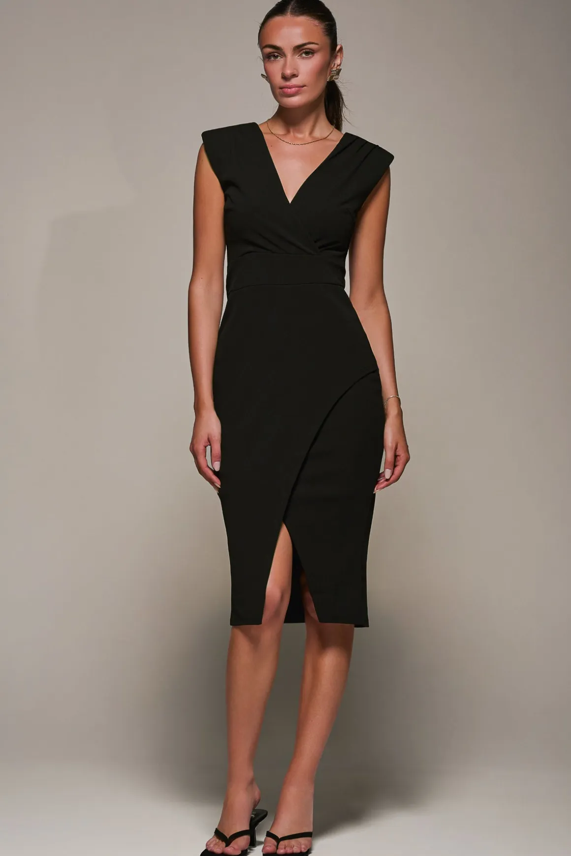 V-Neck Split Hem Bodycon Midi Dress, Black