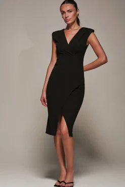 V-Neck Split Hem Bodycon Midi Dress, Black