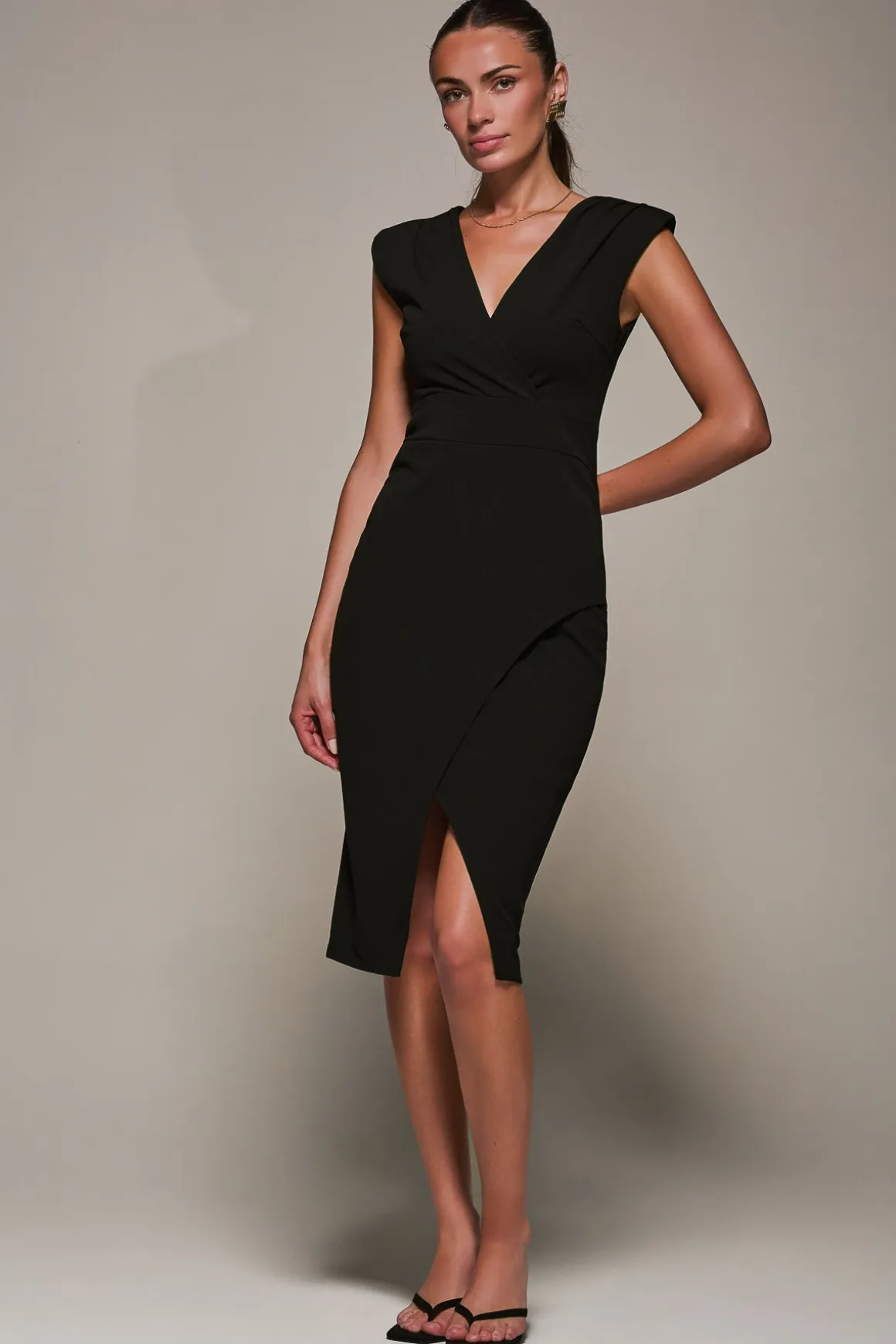 V-Neck Split Hem Bodycon Midi Dress, Black