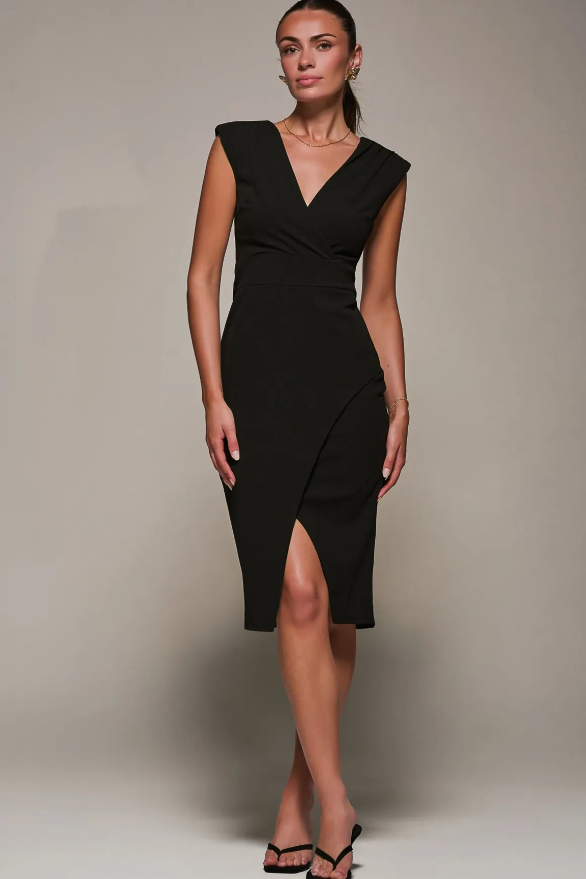 V-Neck Split Hem Bodycon Midi Dress, Black
