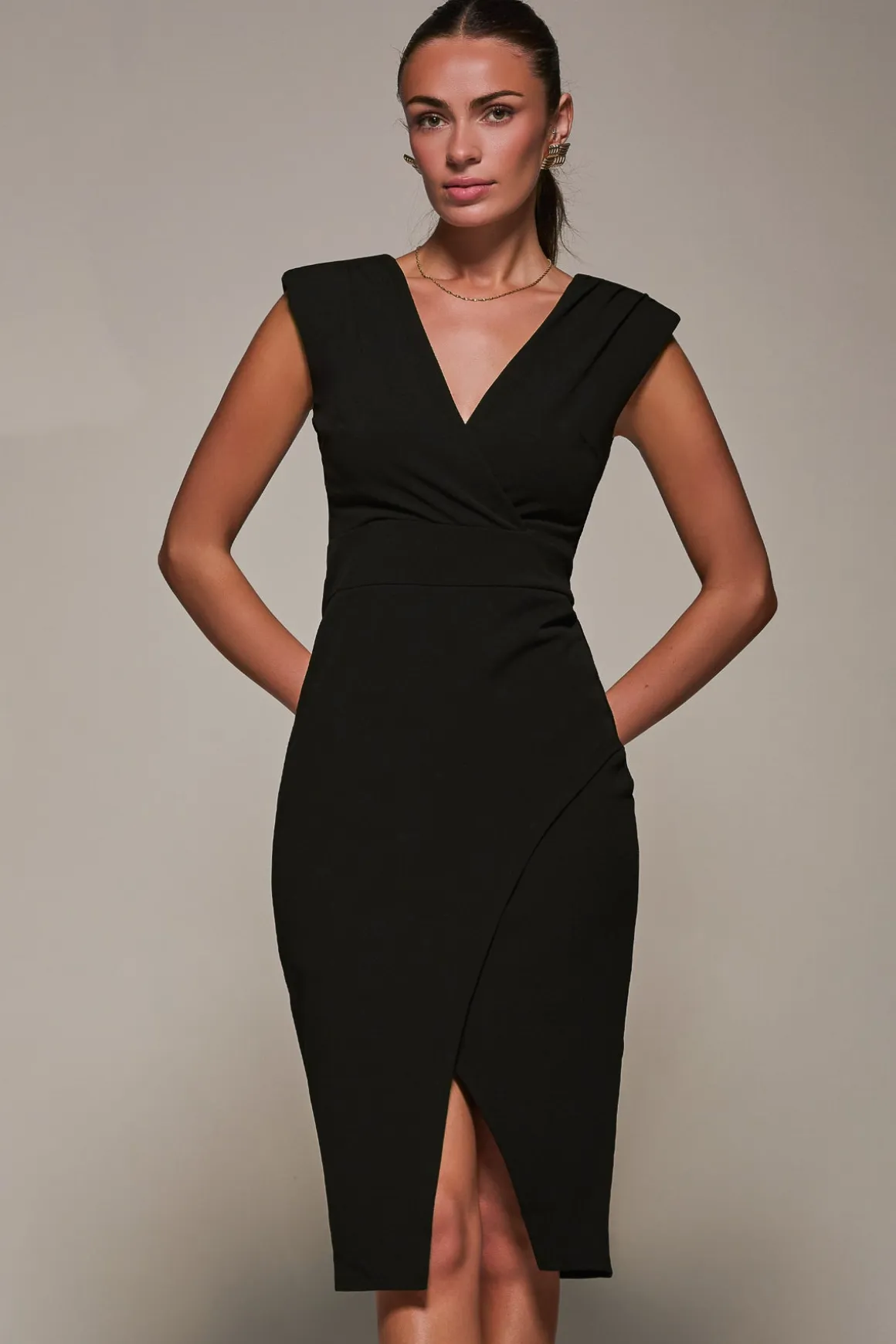 V-Neck Split Hem Bodycon Midi Dress, Black