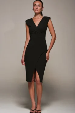 V-Neck Split Hem Bodycon Midi Dress, Black