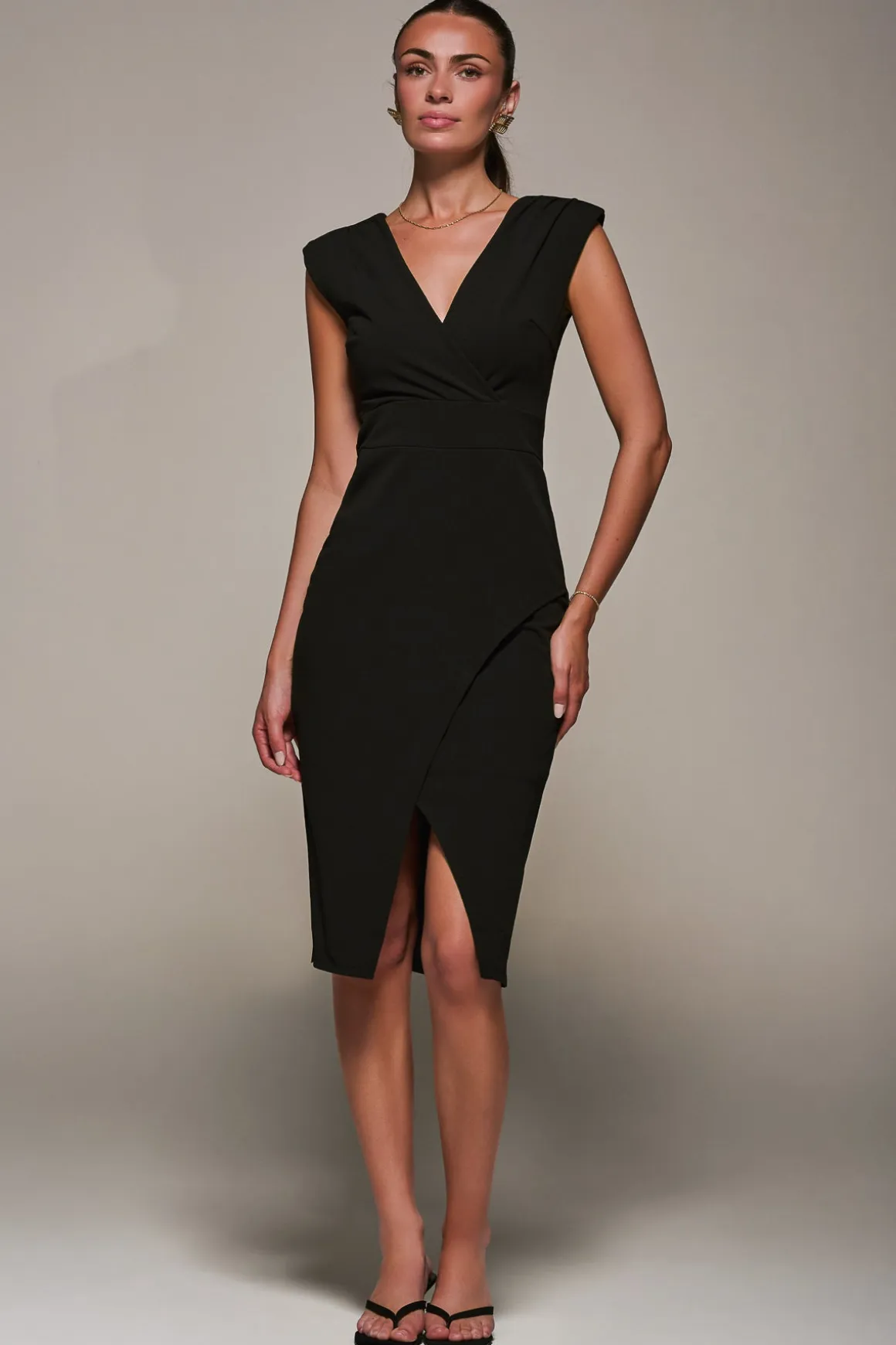 V-Neck Split Hem Bodycon Midi Dress, Black