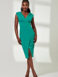 V-Neck Split Hem Bodycon Midi Dress, Green