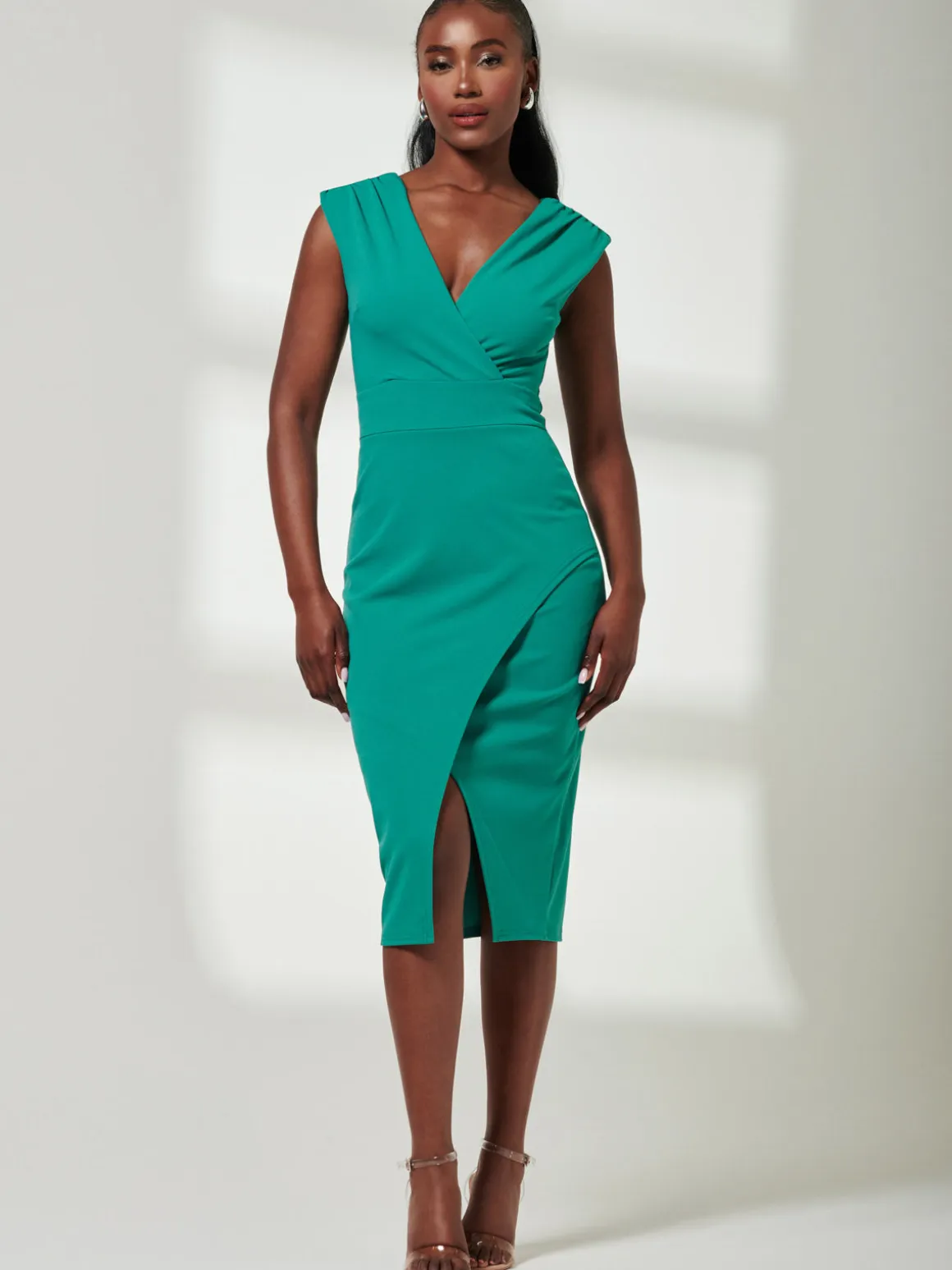 V-Neck Split Hem Bodycon Midi Dress, Green