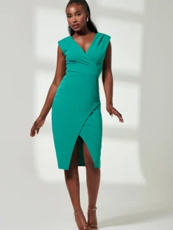 V-Neck Split Hem Bodycon Midi Dress, Green