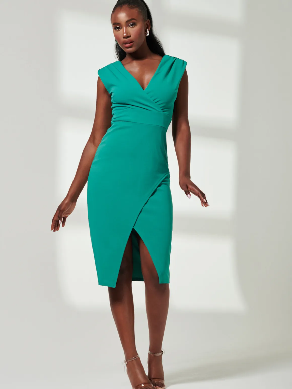 V-Neck Split Hem Bodycon Midi Dress, Green