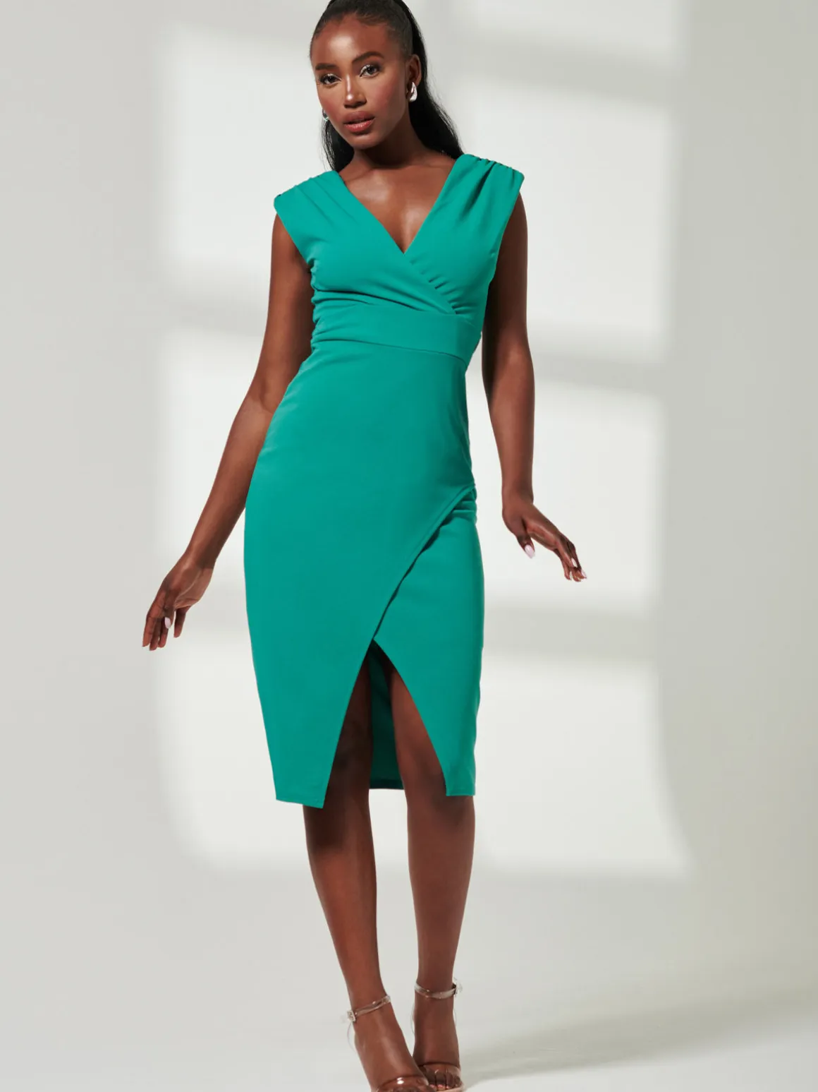 V-Neck Split Hem Bodycon Midi Dress, Green
