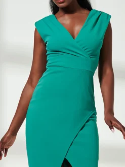 V-Neck Split Hem Bodycon Midi Dress, Green