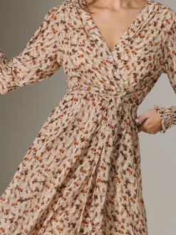 V Neck Tie Waist Puff Sleeve Maxi Dress, Brown Floral