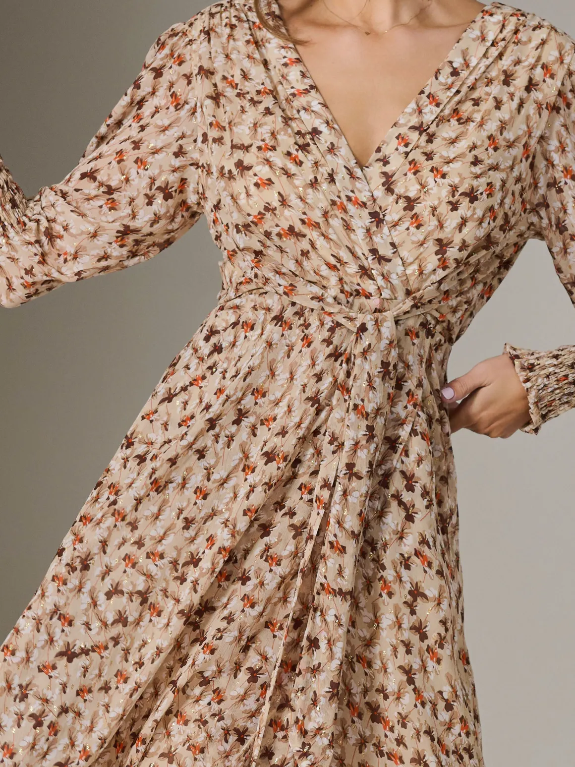 V Neck Tie Waist Puff Sleeve Maxi Dress, Brown Floral