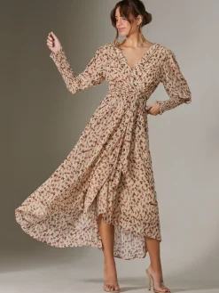 V Neck Tie Waist Puff Sleeve Maxi Dress, Brown Floral