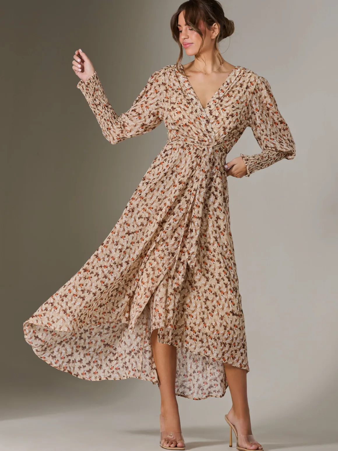 V Neck Tie Waist Puff Sleeve Maxi Dress, Brown Floral