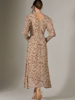 V Neck Tie Waist Puff Sleeve Maxi Dress, Brown Floral