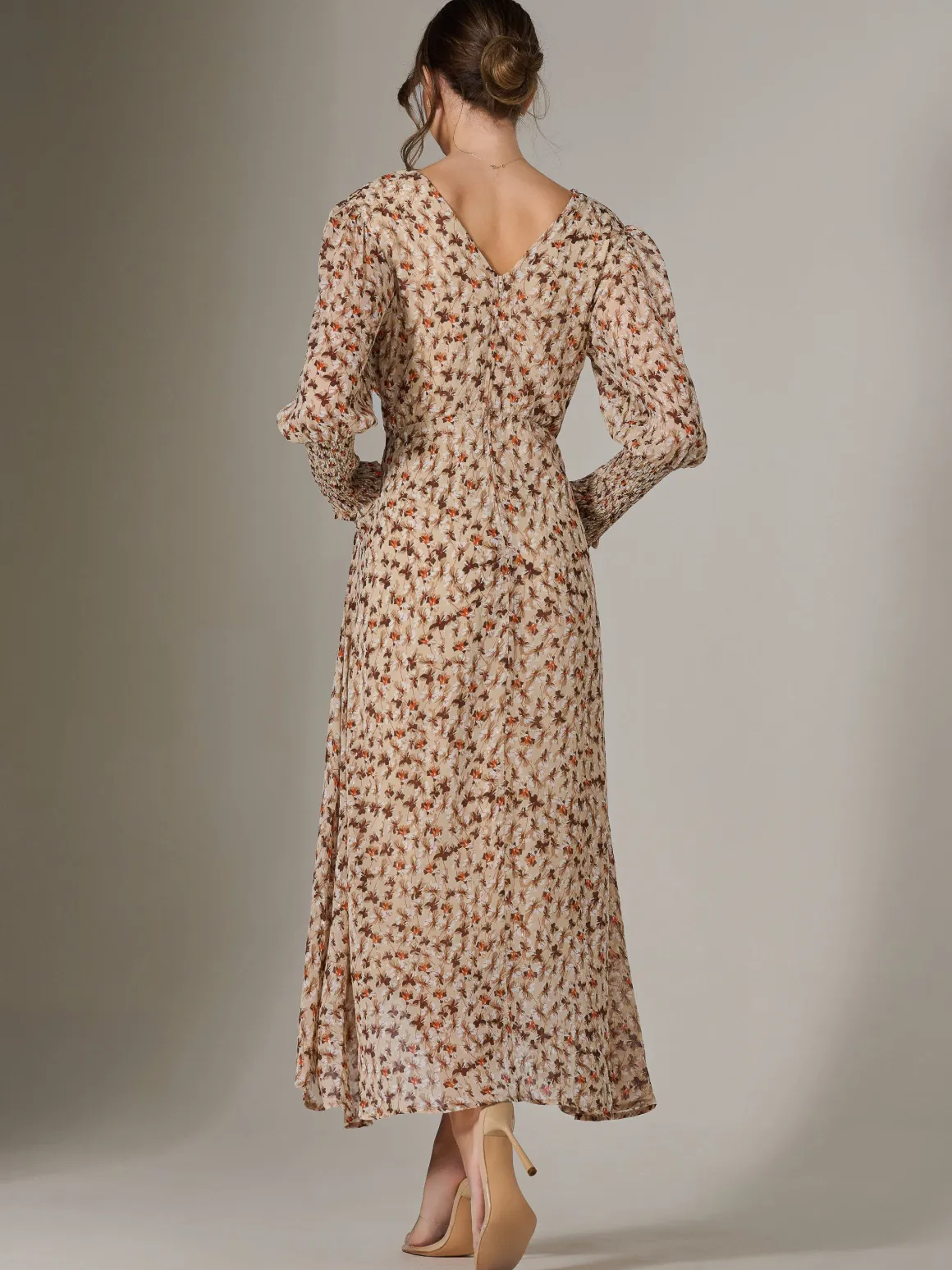 V Neck Tie Waist Puff Sleeve Maxi Dress, Brown Floral