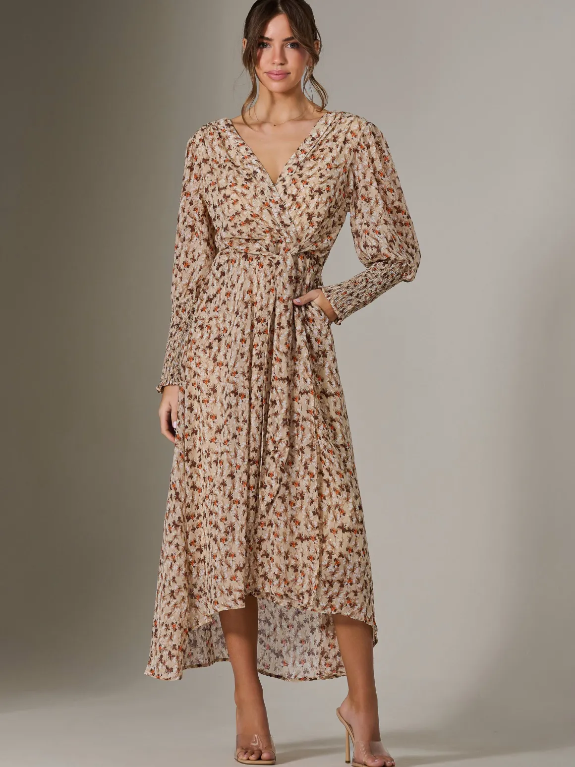 V Neck Tie Waist Puff Sleeve Maxi Dress, Brown Floral