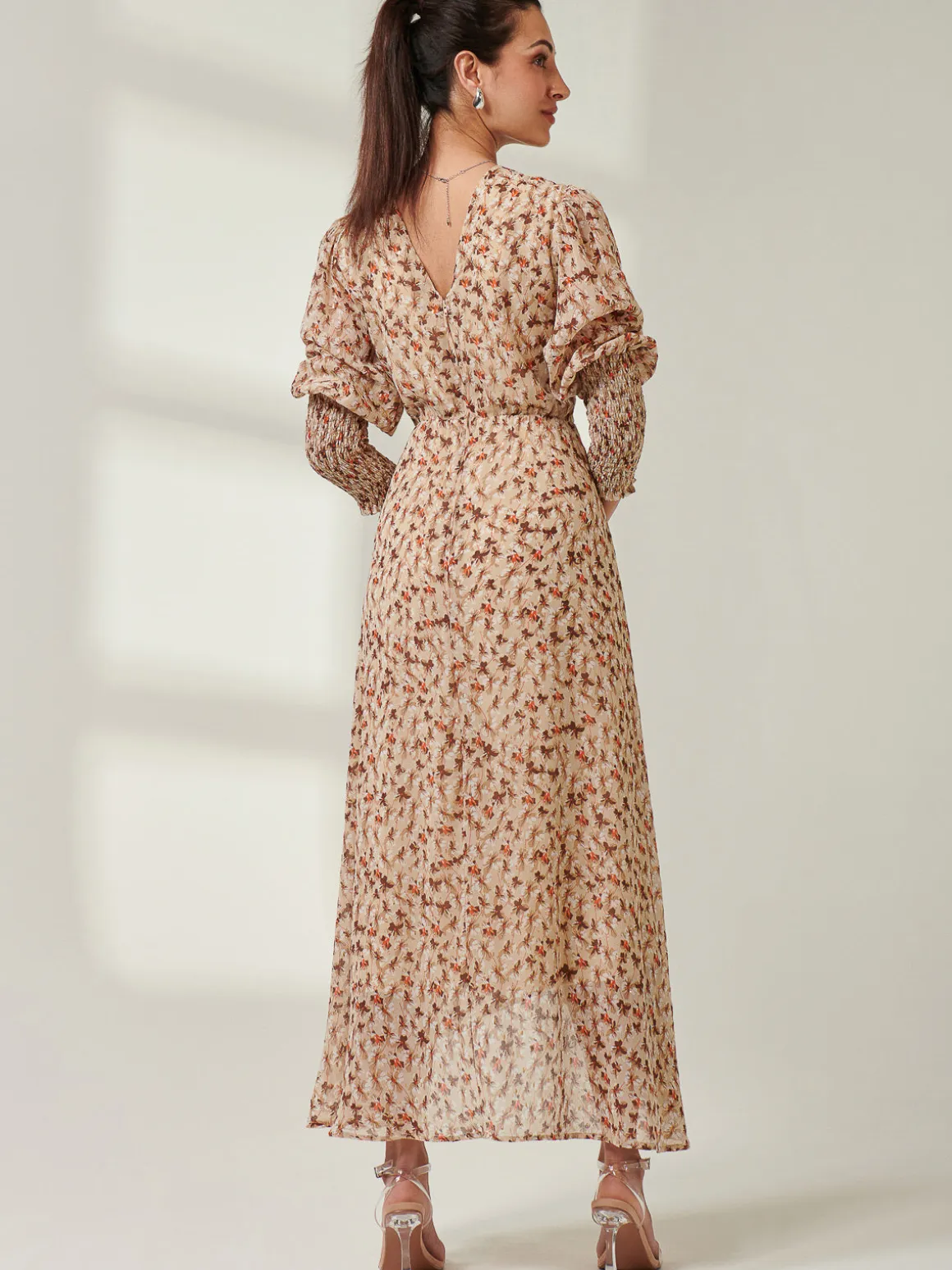 V Neck Tie Waist Puff Sleeve Maxi Dress, Brown Floral