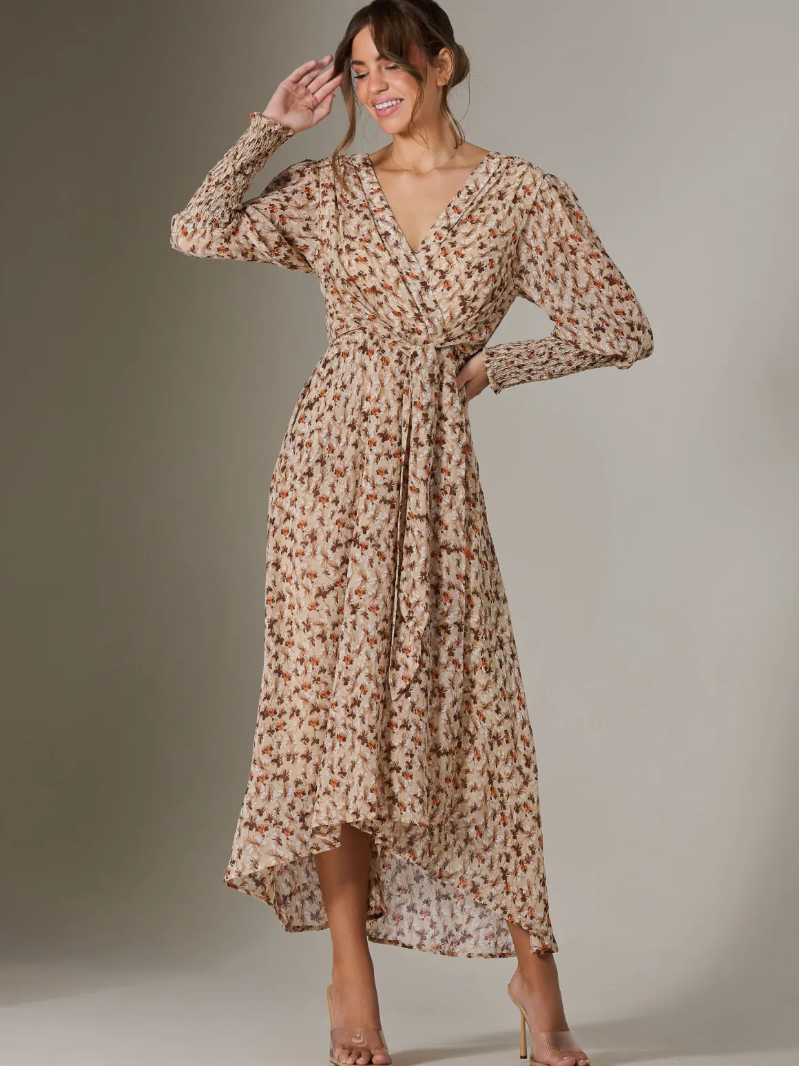 V Neck Tie Waist Puff Sleeve Maxi Dress, Brown Floral