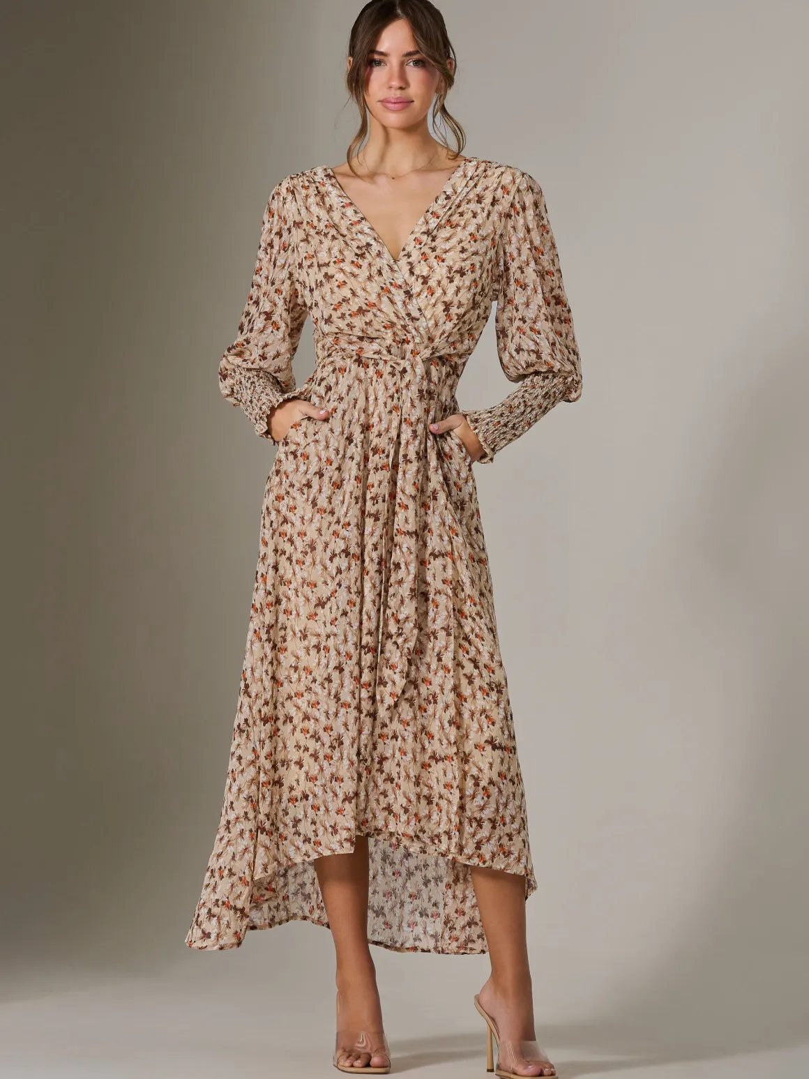 V Neck Tie Waist Puff Sleeve Maxi Dress, Brown Floral