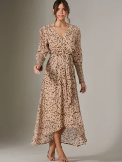 V Neck Tie Waist Puff Sleeve Maxi Dress, Brown Floral
