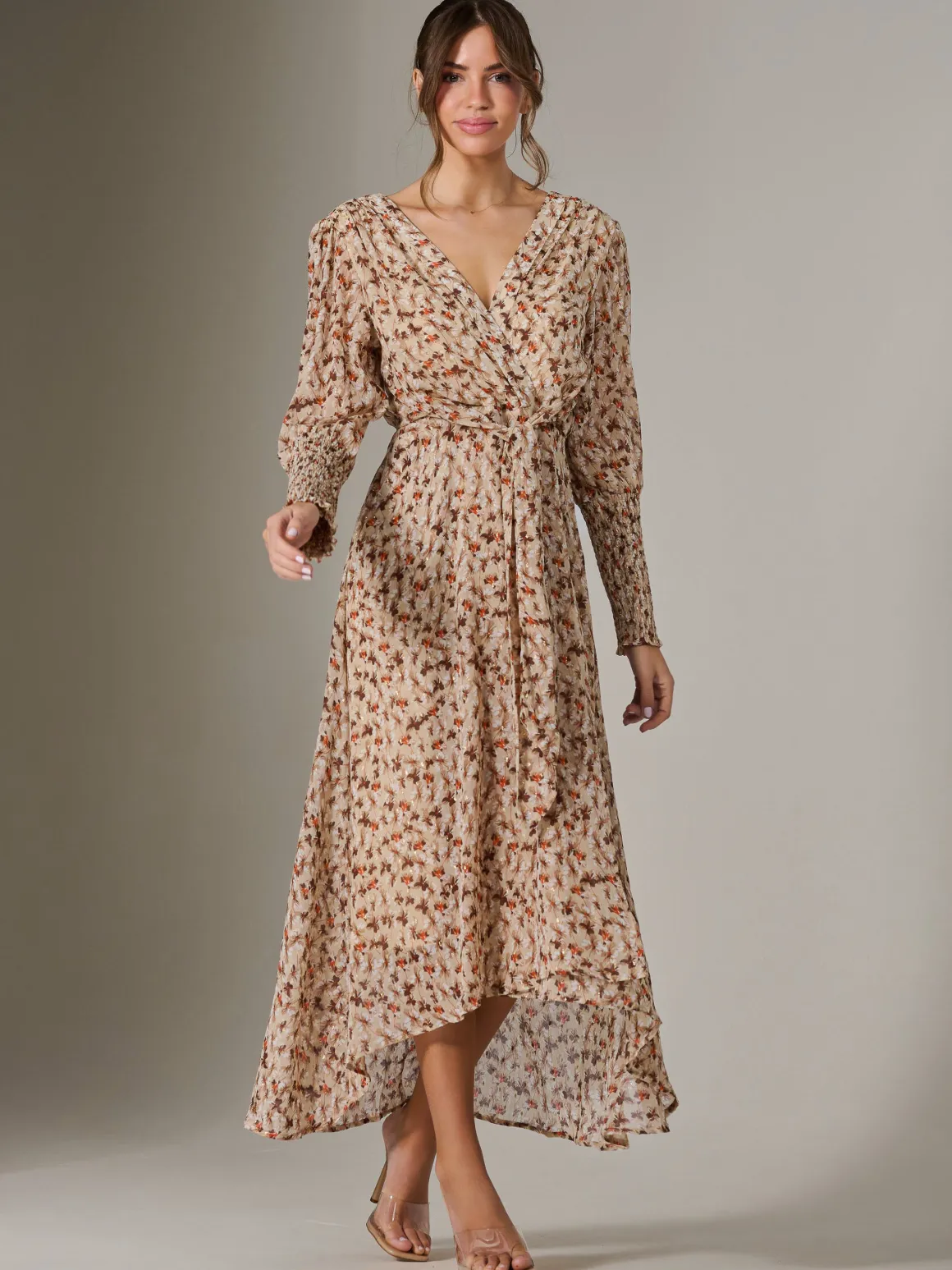 V Neck Tie Waist Puff Sleeve Maxi Dress, Brown Floral