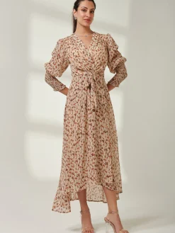 V Neck Tie Waist Puff Sleeve Maxi Dress, Brown Floral