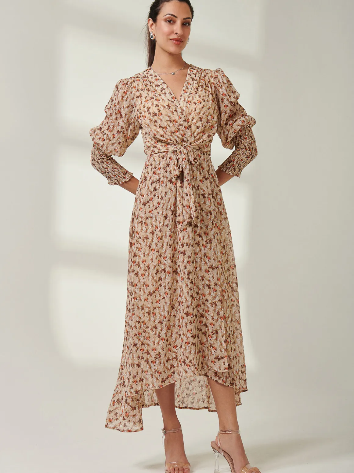V Neck Tie Waist Puff Sleeve Maxi Dress, Brown Floral