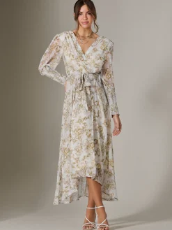 V Neck Tie Waist Puff Sleeve Maxi Dress, Cream Floral