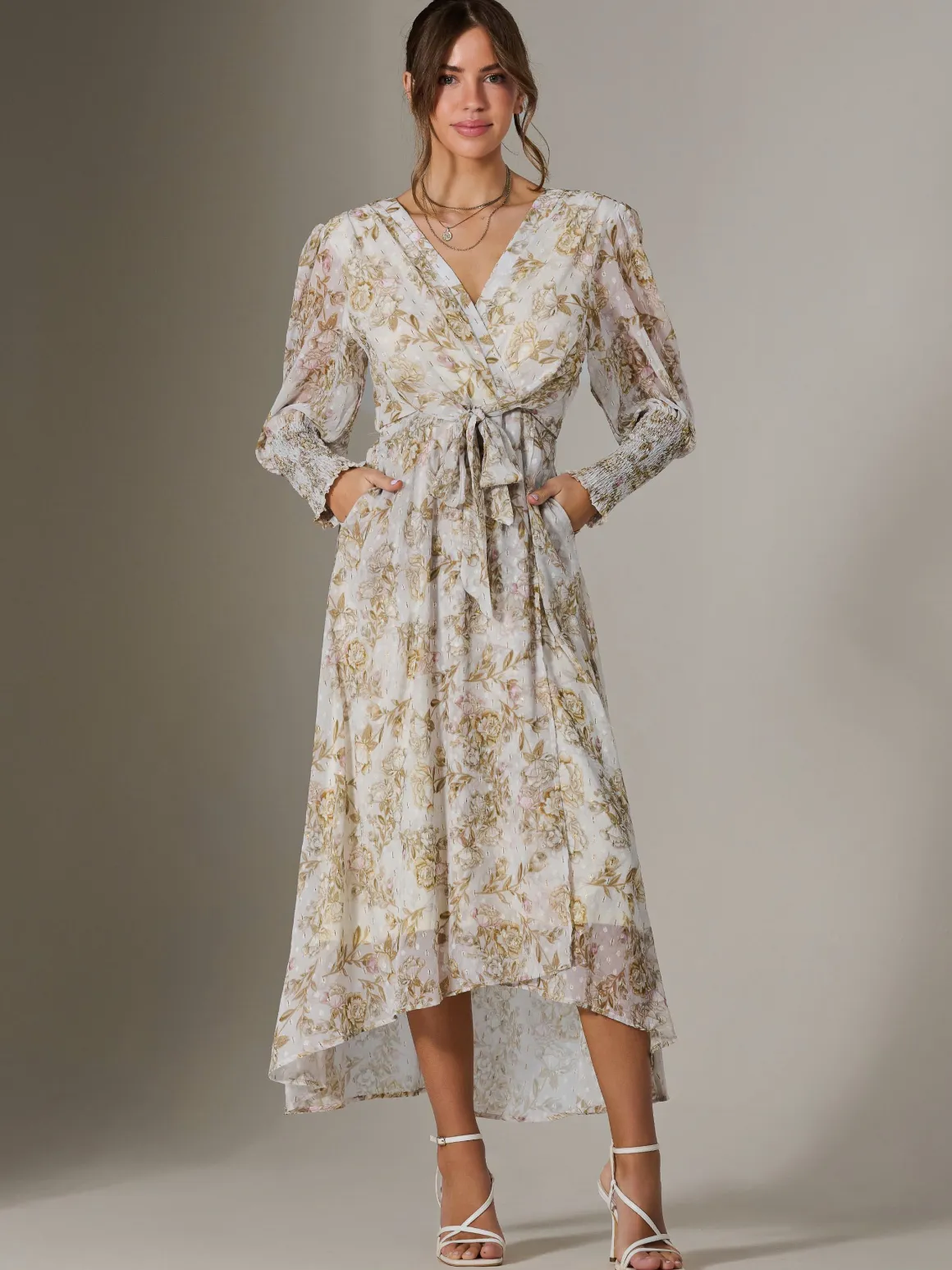 V Neck Tie Waist Puff Sleeve Maxi Dress, Cream Floral