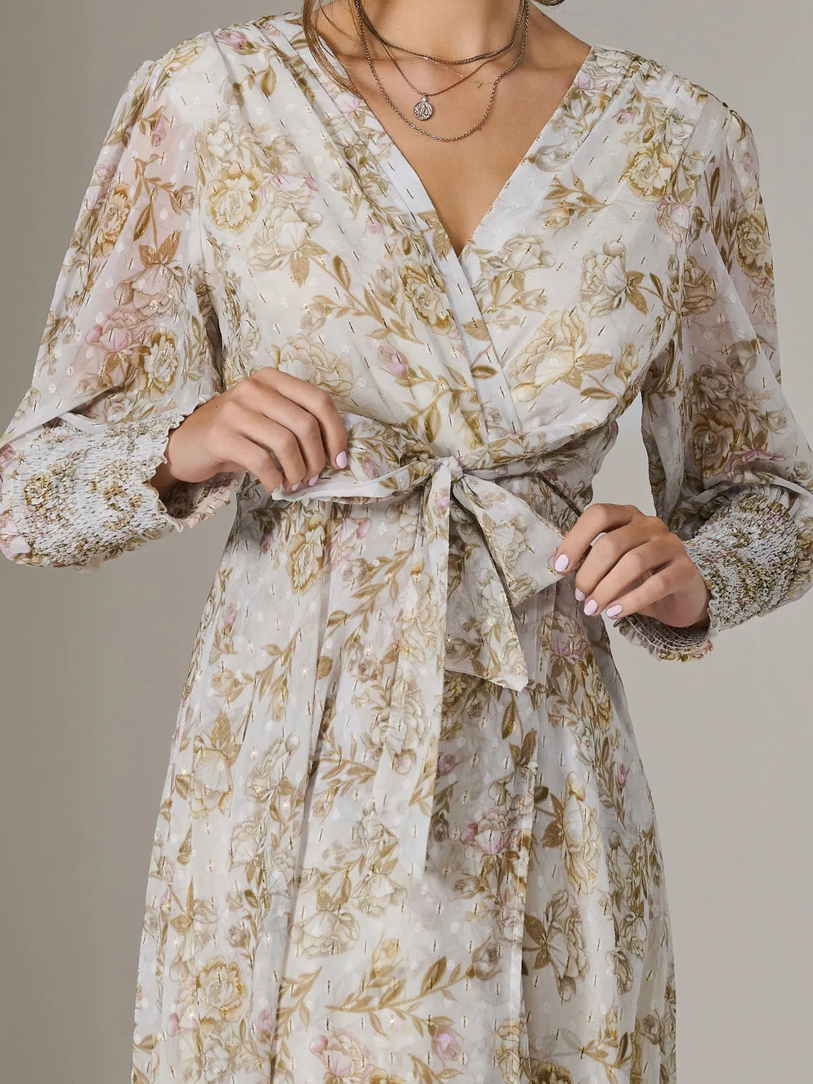 V Neck Tie Waist Puff Sleeve Maxi Dress, Cream Floral