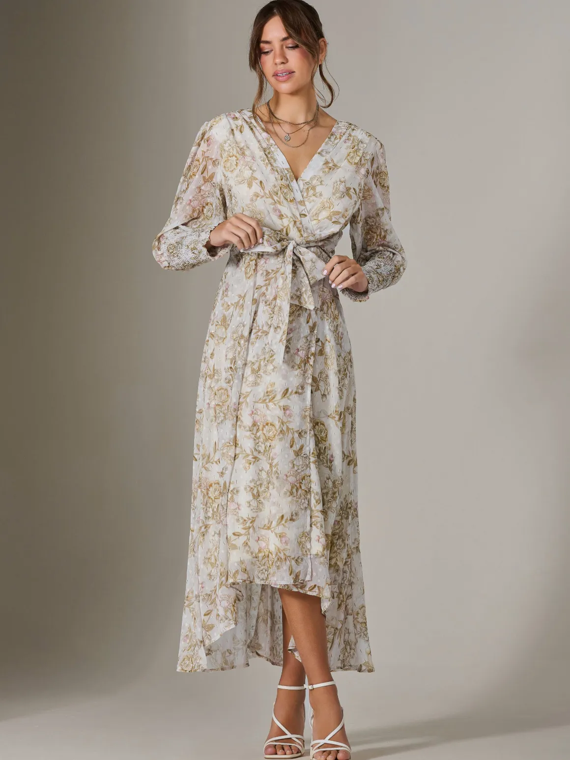 V Neck Tie Waist Puff Sleeve Maxi Dress, Cream Floral