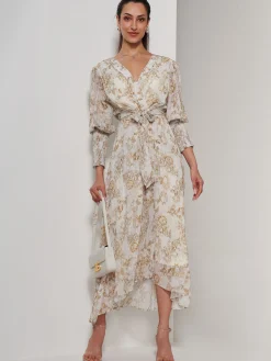 V Neck Tie Waist Puff Sleeve Maxi Dress, Cream Floral