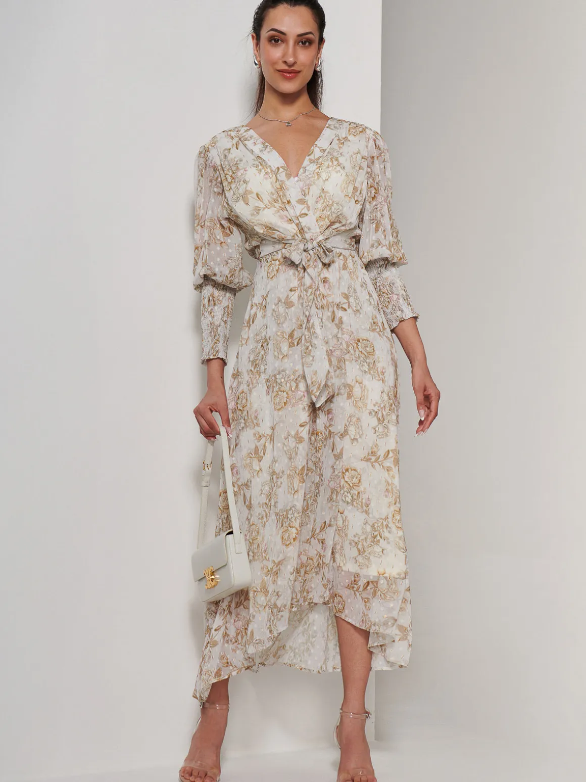 V Neck Tie Waist Puff Sleeve Maxi Dress, Cream Floral