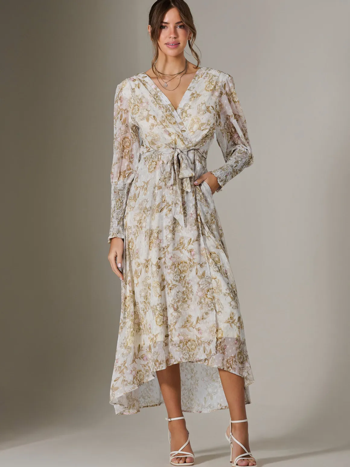 V Neck Tie Waist Puff Sleeve Maxi Dress, Cream Floral