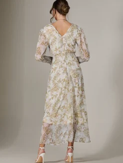 V Neck Tie Waist Puff Sleeve Maxi Dress, Cream Floral