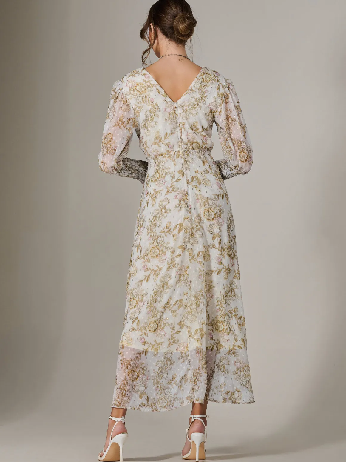 V Neck Tie Waist Puff Sleeve Maxi Dress, Cream Floral