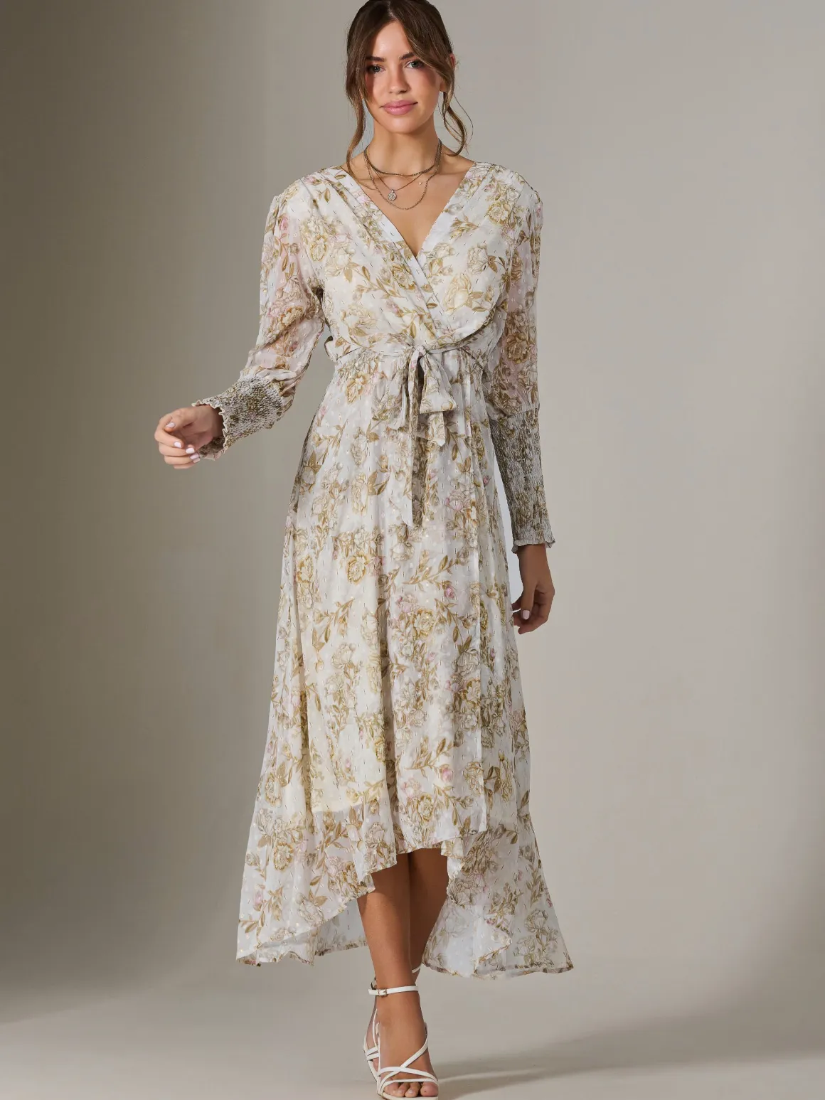 V Neck Tie Waist Puff Sleeve Maxi Dress, Cream Floral