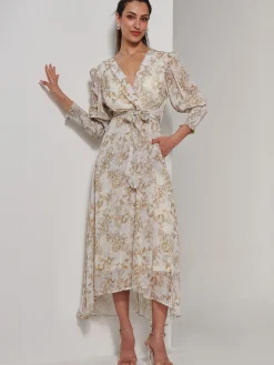 V Neck Tie Waist Puff Sleeve Maxi Dress, Cream Floral