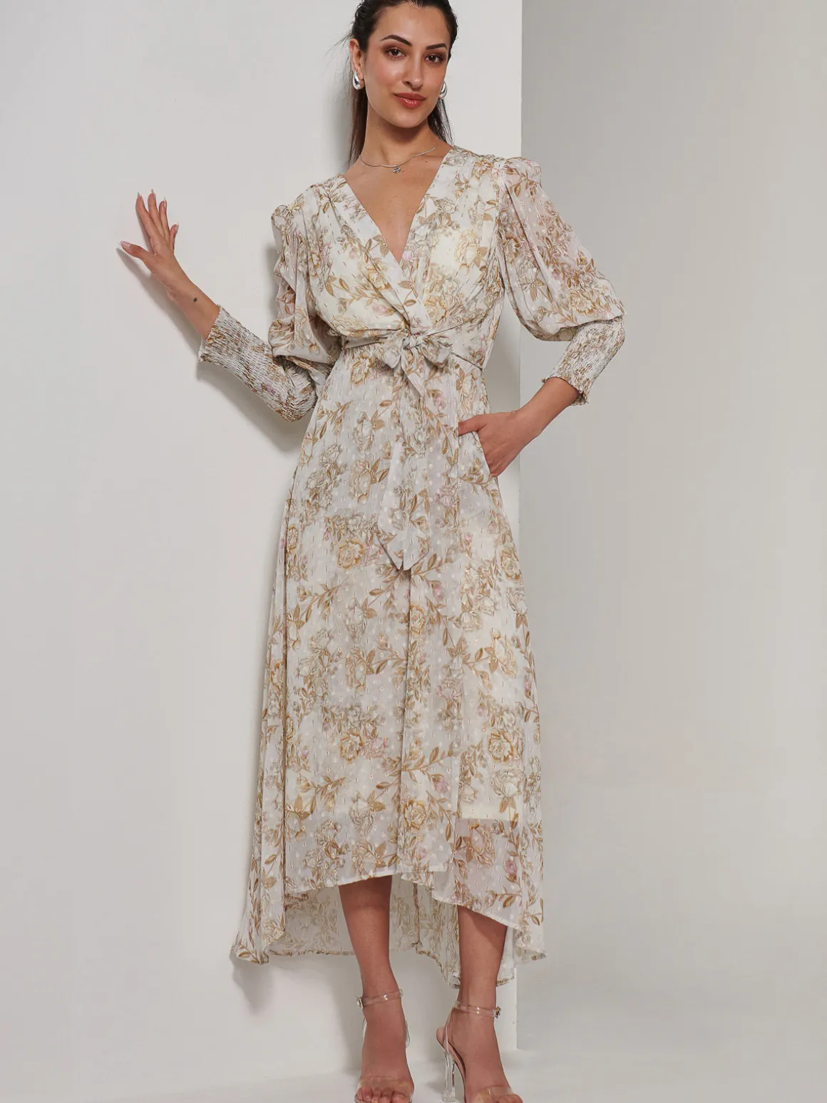 V Neck Tie Waist Puff Sleeve Maxi Dress, Cream Floral