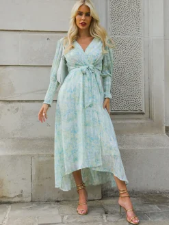 V Neck Tie Waist Puff Sleeve Maxi Dress, Green Abstract