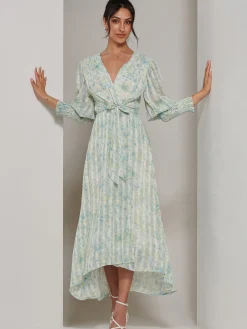 V Neck Tie Waist Puff Sleeve Maxi Dress, Green Abstract