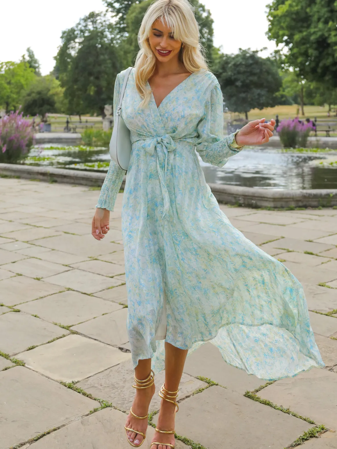 V Neck Tie Waist Puff Sleeve Maxi Dress, Green Abstract