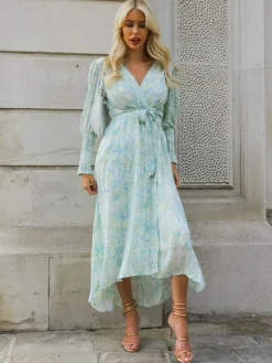 V Neck Tie Waist Puff Sleeve Maxi Dress, Green Abstract