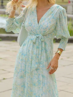 V Neck Tie Waist Puff Sleeve Maxi Dress, Green Abstract