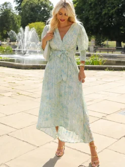 V Neck Tie Waist Puff Sleeve Maxi Dress, Green Abstract