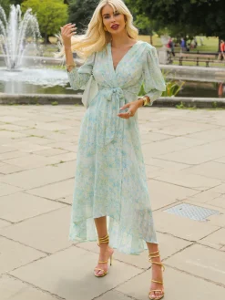 V Neck Tie Waist Puff Sleeve Maxi Dress, Green Abstract