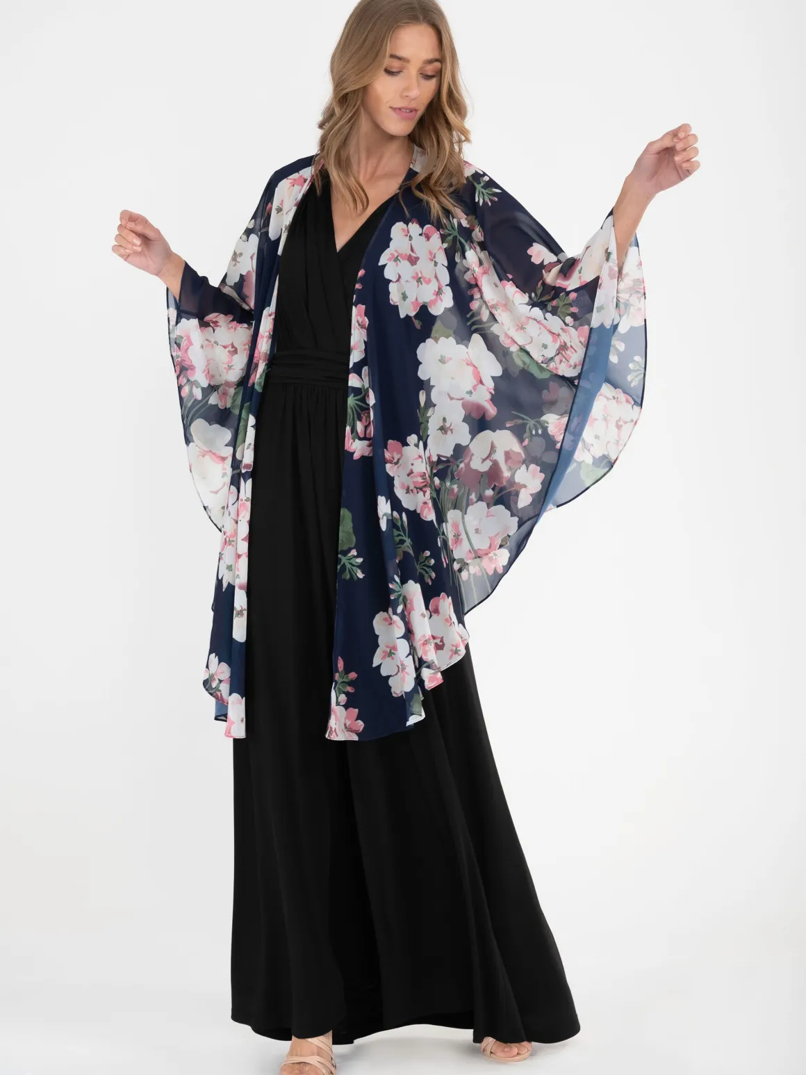 Waterfall Chiffon Shawl, Navy Floral